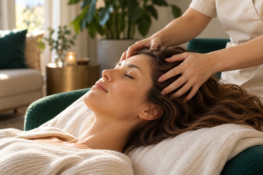 A therapist gently massaging the scalp of a relaxed woman during a dry head spa