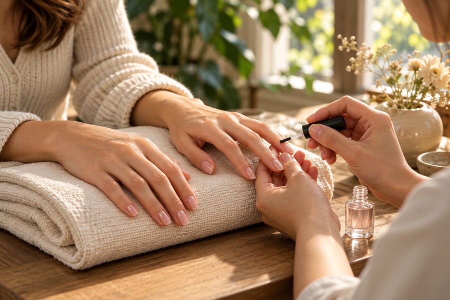 A nail technician applying the final top coat of a sheer pink gel manicure